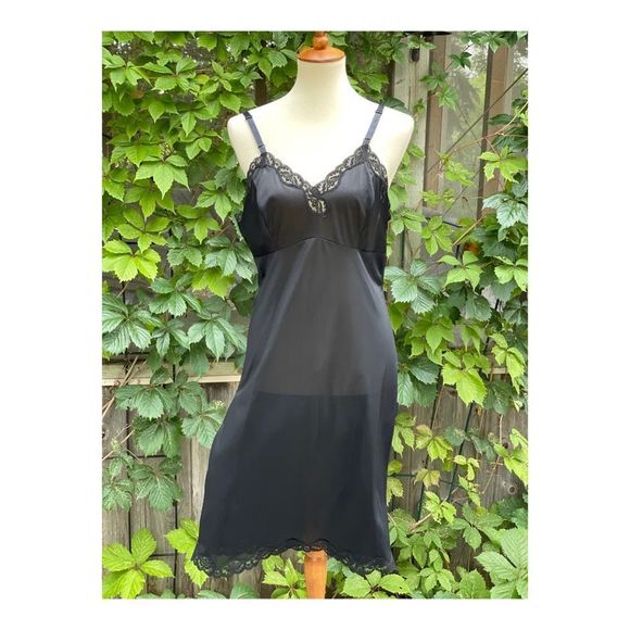 Vintage Undergarment Black Slip Dress Midi Lace Trim - Picture 1 of 8